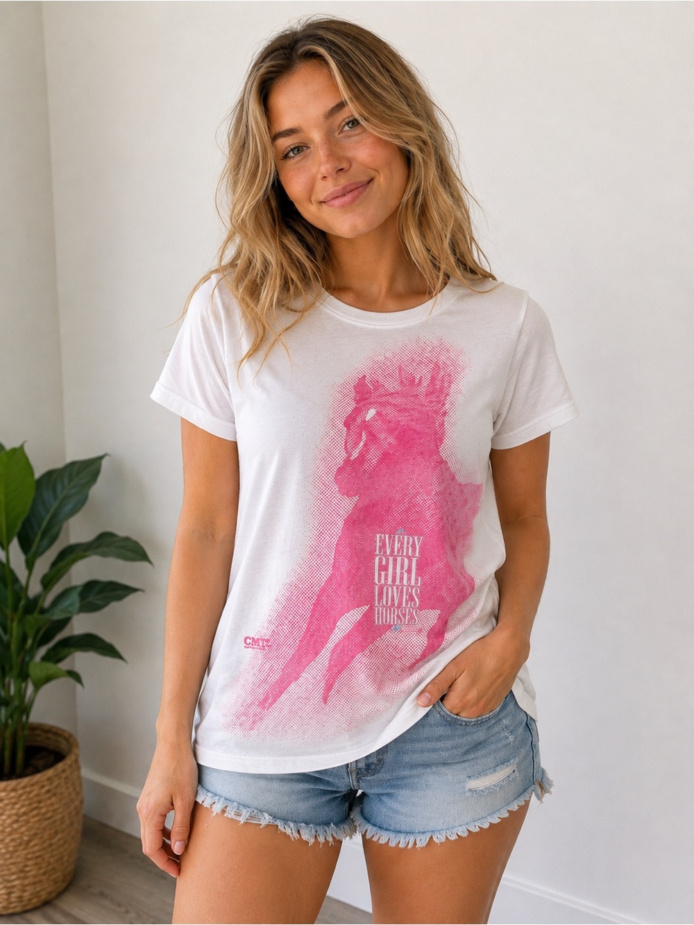 CMT Girls' White Short-Sleeve Tee w/ Pink Horse Graphic Every Girl Loves Horses